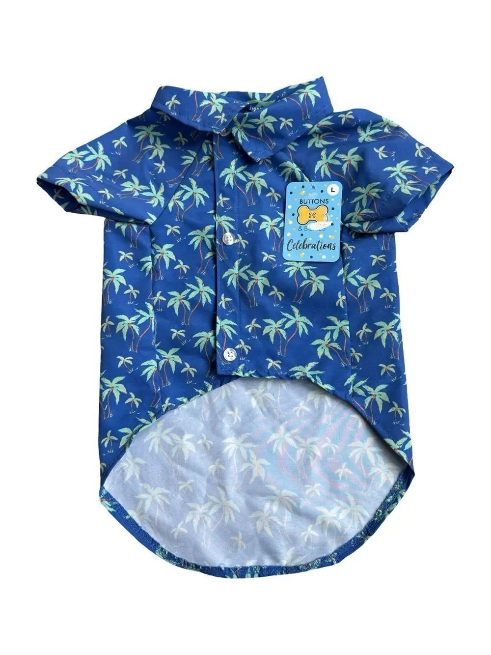 Buttons & Bones Blue Button Up & Velcro Tropical Print Dog Shirt Size L NWT